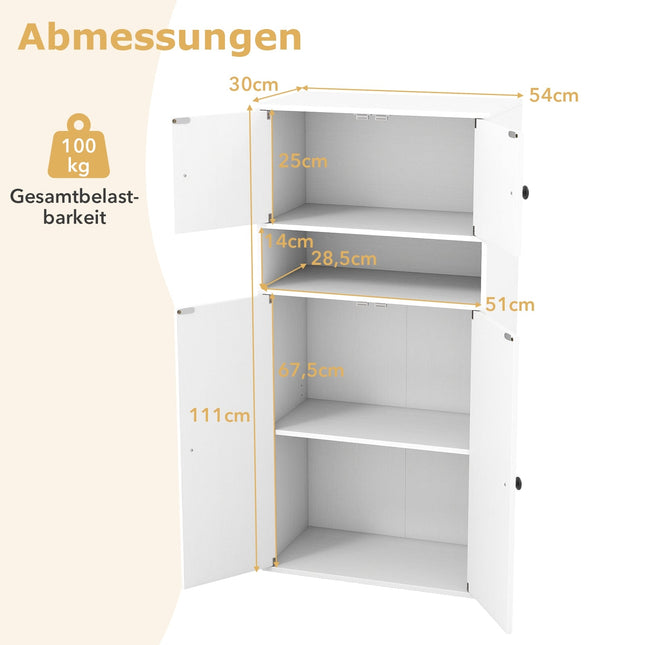 Boekenkast met 4 deuren, verstelbare plank, anti-kantelfunctie, wit