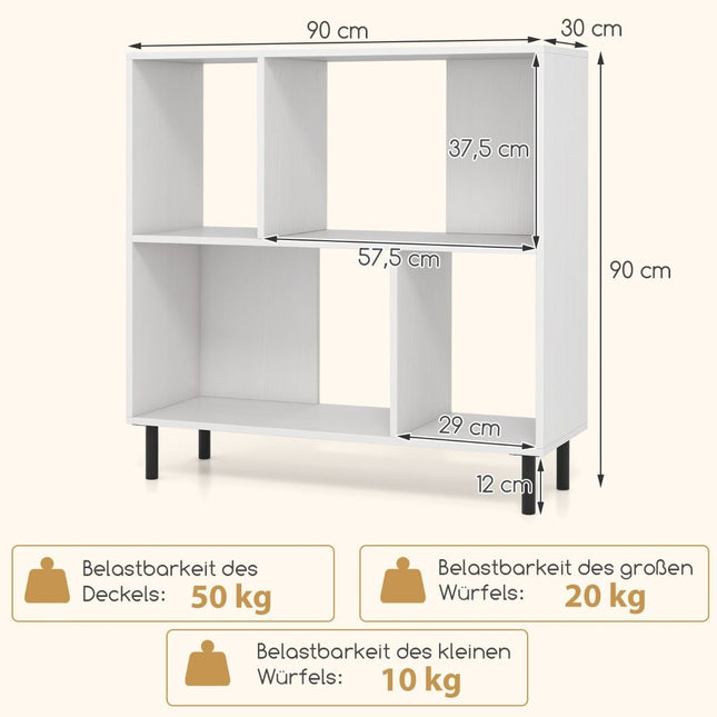 Boekenkast met 4 planken, metalen poten, wit, 90x30x90 cm