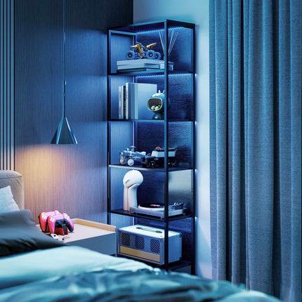 Bookshelf with 5 Shelves, LED Lighting, 7 Colors, Black