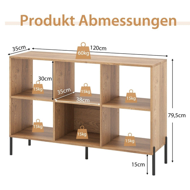 Boekenplank met 6 compartimenten, verhoogde metalen poten en verstelbare planken, opbergplank, natuurlijk