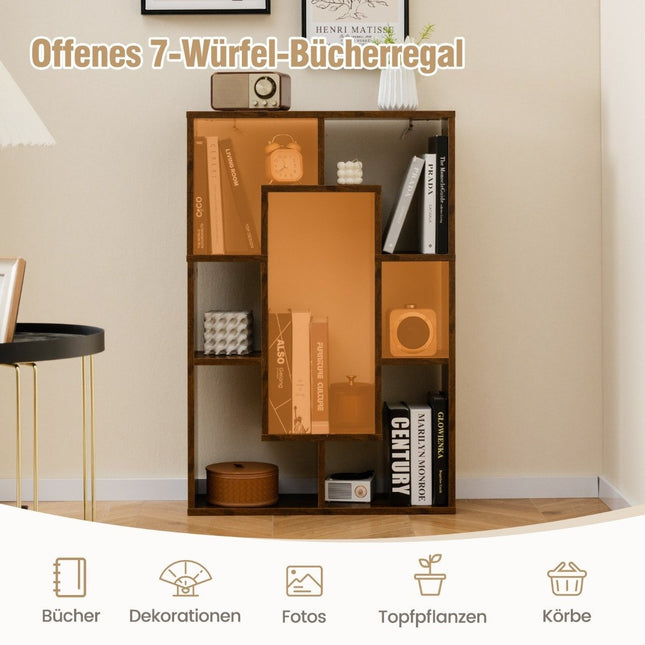 Boekenplank met 7 compartimenten, vrijstaande kubusplank, 60x20x90 cm, koffie