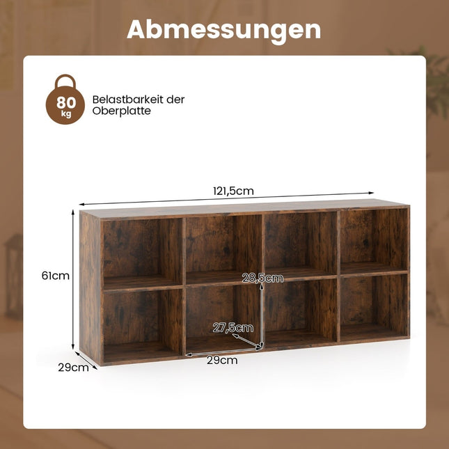 Boekenkast met 8 vakken, 121,5 x 29 x 61 cm, met anti-kantelbeveiliging.