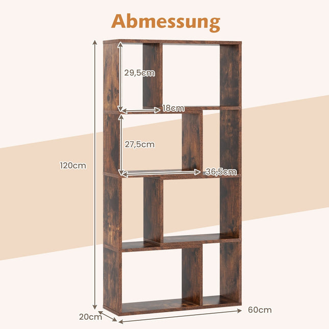 Boekenkast met 8 vakken, 4 lagen, 60x20x120 cm, bruin