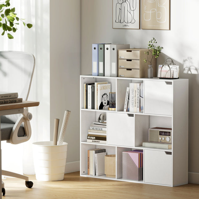 Boekenkast met 9 kubussen, 3 deuren, 6 open planken, wit