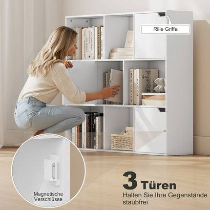 Knihovna s 9 kostkami, 3 dvířka, 6 otevřených polic, bílá