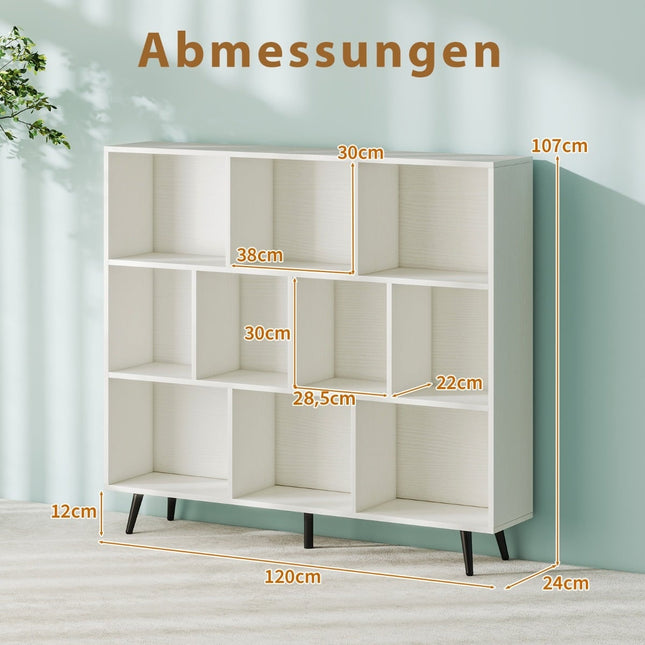 Boekenkast met vakken, 3 lagen, houten poten, 120 cm
