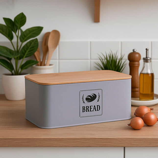 Chlebník s bambusovým víkem – retro design, kovový plášť
