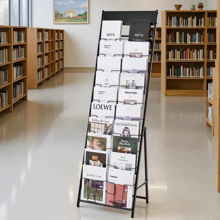 Brochure Display Rack, 20-Pocket Metal Floor Stand, Black