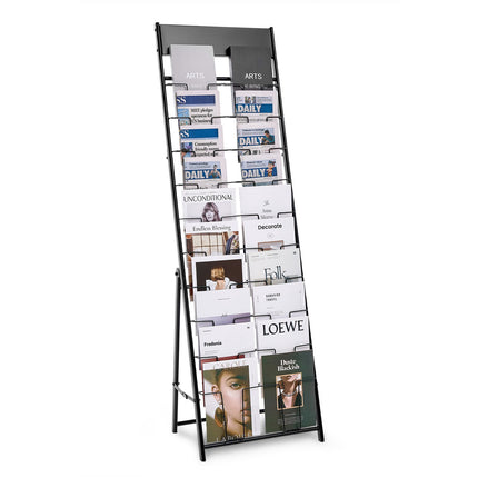 Brochure Display Rack, 20-Pocket Metal Floor Stand, Black