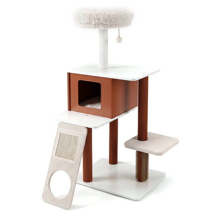 Brown Cat Tree Tower with Scratching Post & Groomer Brush