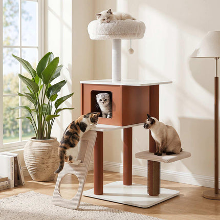 Brown Cat Tree Tower with Scratching Post & Groomer Brush
