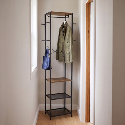 Brown Coat Rack with Hooks, Shelves & Rail