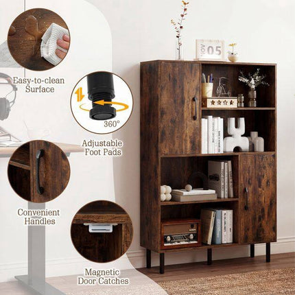 Brown Sideboard Cabinet, 4 Compartments, 2 Doors, Metal Legs