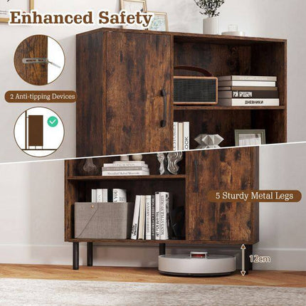 Brown Sideboard Cabinet, 4 Compartments, 2 Doors, Metal Legs