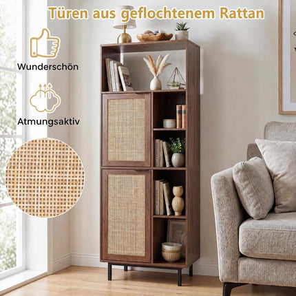 Brown Storage Cabinet with Rattan Doors and 5 Compartments