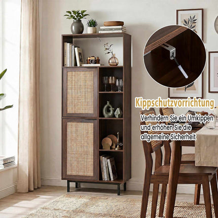 Brown Storage Cabinet with Rattan Doors and 5 Compartments