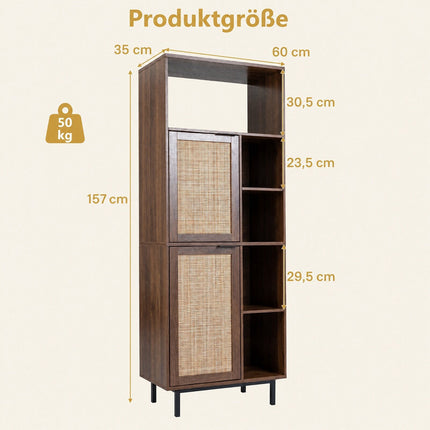 Brown Storage Cabinet with Rattan Doors and 5 Compartments