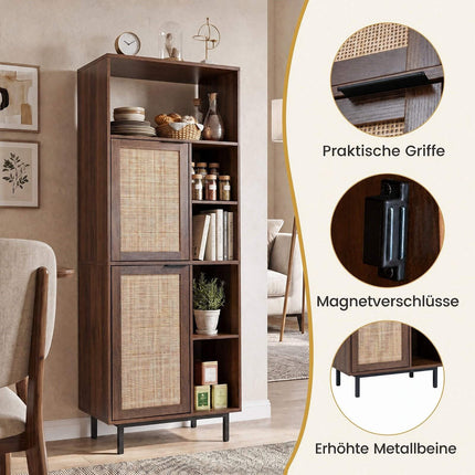Brown Storage Cabinet with Rattan Doors and 5 Compartments