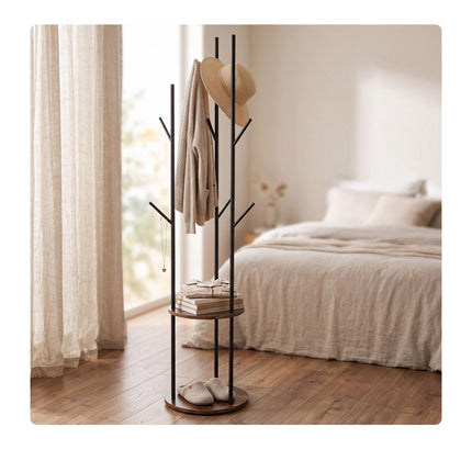Brown Tree-Shaped Coat Rack with 8 Hooks and 2 Shelves