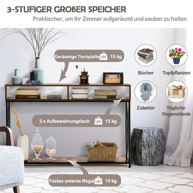 Bruine consoletafel met open plank en stalen frame 120 x 23 x 79 cm