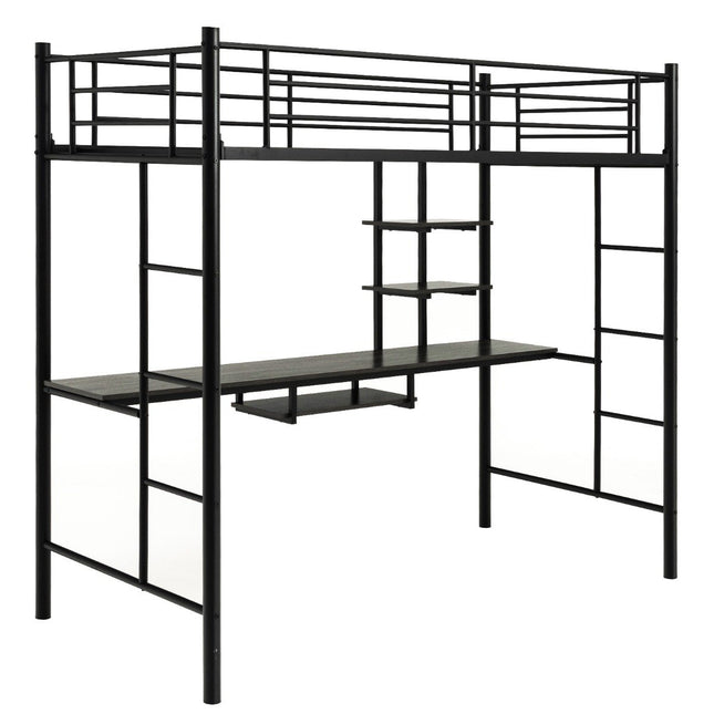 Bunk bed frame loft bed made of metal with desk ladders and railing black