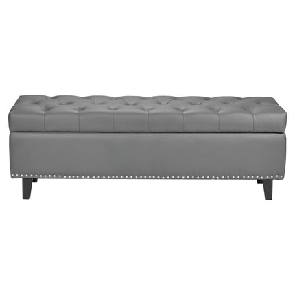 Button-Tufted Storage Ottoman Bench, PU Leather, 51 in, Gray
