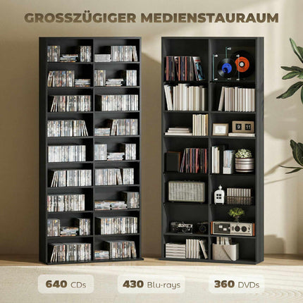 Regál na CD, DVD a Blu-ray, 18 přihrádek, černý, nastavitelný