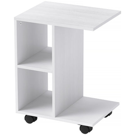 C Shape side table with wheels for small spaces, white