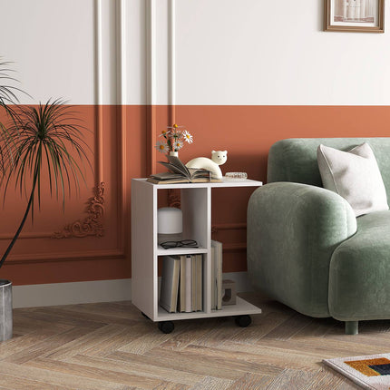 C Shape side table with wheels for small spaces, white