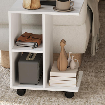 C Shape side table with wheels for small spaces, white