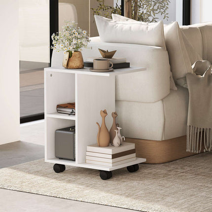 C Shape side table with wheels for small spaces, white