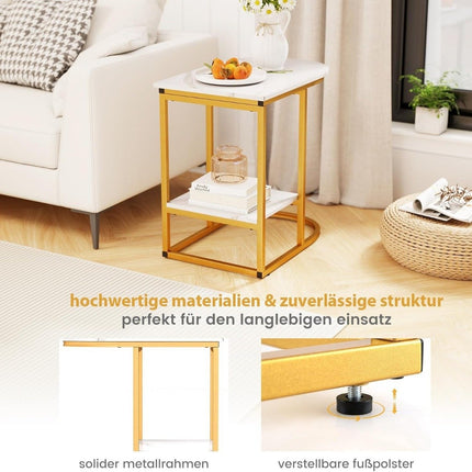 C-Shaped Side Table, Faux Marble, 2-Tier Storage