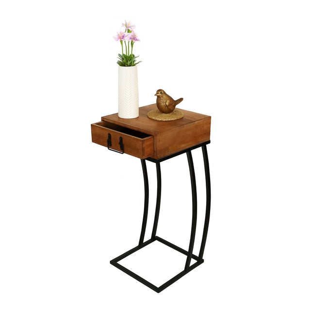 C-Shaped Side Table with Drawer – Wood & Metal