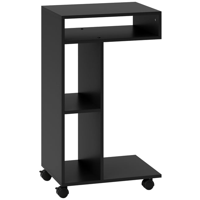 C-vormige bijzettafel met wielen, 3 planken, 40x30x69 cm, zwart