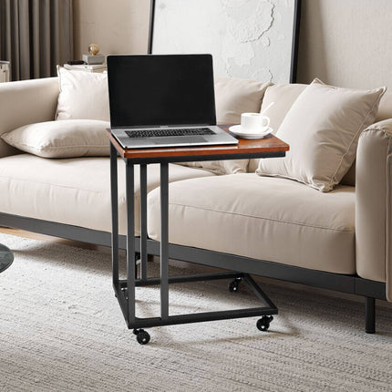 C-Shaped Sofa Side Table with Casters, Brown-Black