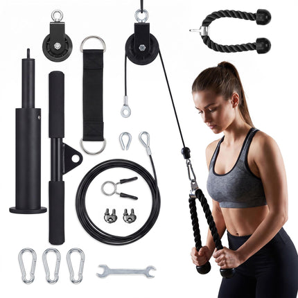 Cable Pulley Set with Triceps Rope and Lat Pulldown Bar, 2 m Steel Cable, Black