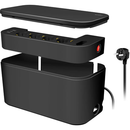 Box na kabely s rozbočovací zásuvkou + nabíjení USB-A/USB-C, černý