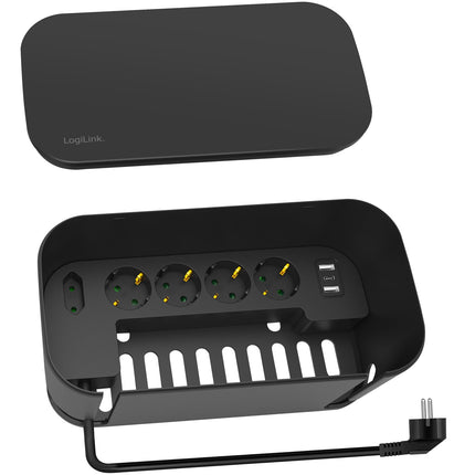 Box na kabely s rozbočovací zásuvkou + nabíjení USB-A/USB-C, černý