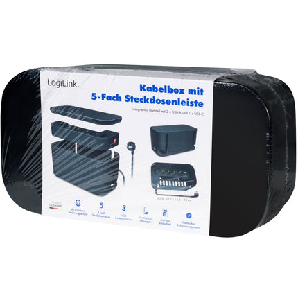 Box na kabely s rozbočovací zásuvkou + nabíjení USB-A/USB-C, černý