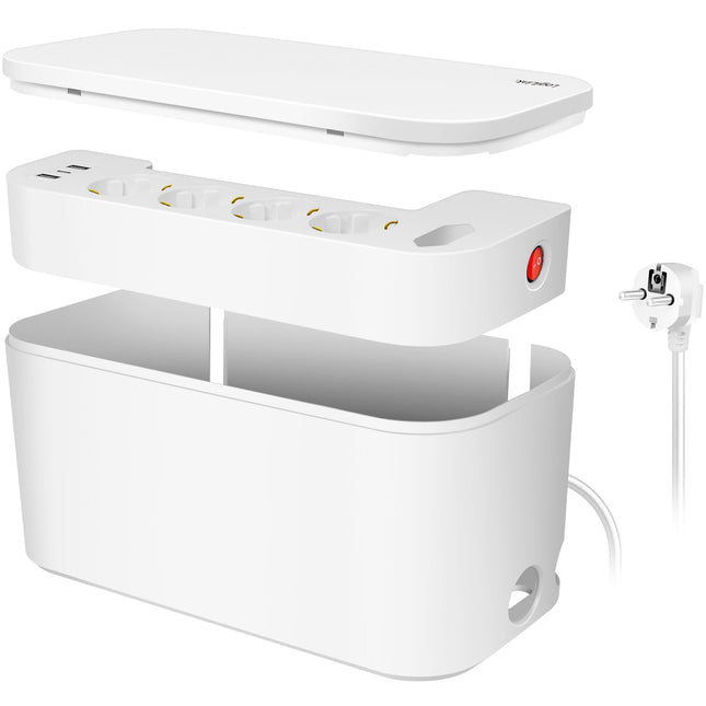 Box na kabely s rozbočovací zásuvkou + nabíjení USB-A/USB-C, bílý