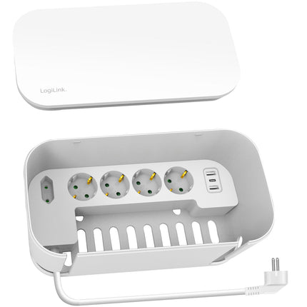 Box na kabely s rozbočovací zásuvkou + nabíjení USB-A/USB-C, bílý