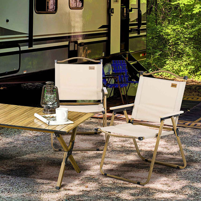 Campingstoelenset van 2 opvouwbare tuinstoelen met stalen frame, houtlook, klapstoelen voor zwembad, strand, Oxford, kaki Aosom