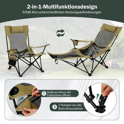 Kempingová židle s nastavitelnou podnožkou a opěrkou zad, khaki