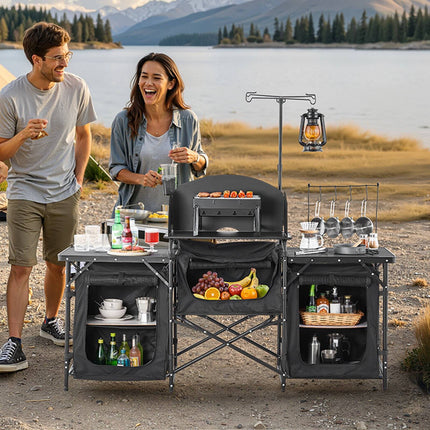 Camping Kitchen Table, Aluminum, 3 Cupboards, Bag