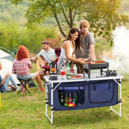 Camping Kitchen Table – Folding, 3-Height, Storage, Blue