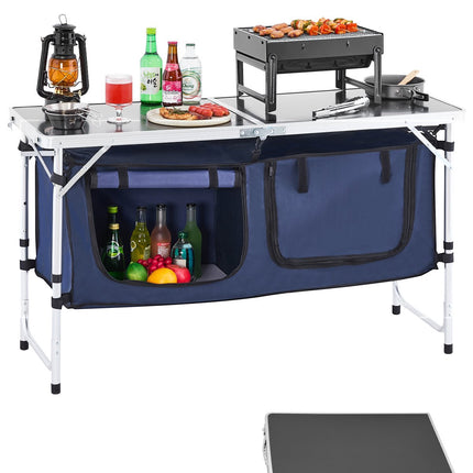 Camping Kitchen Table – Folding, 3-Height, Storage, Blue