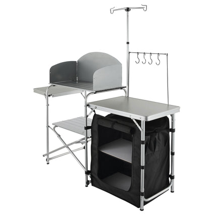 Camping Kitchen Table, Folding Cook Station, Cupboard, Windscreen