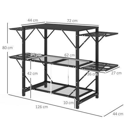 Folding camping table, metal - 2 shelves, 4 side tables