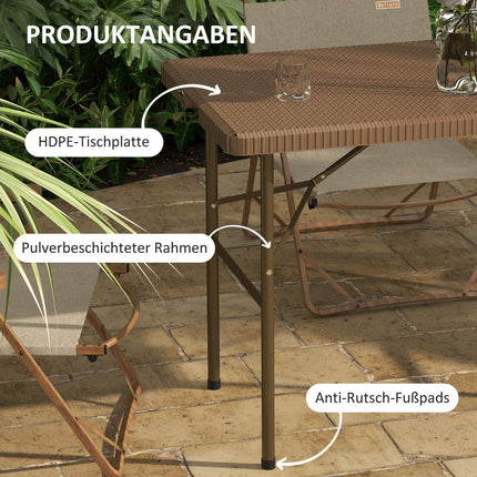 Skládací kempingový stůl pro 4 osoby – ratanový vzhled, hnědý HDPE