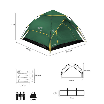 Camping Tent, 3-Person, 3000mm Waterproof